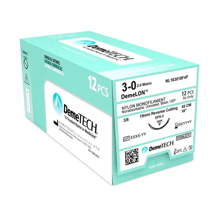 Nylon Monofilamento, 45 cm, Negro, 3-0 USP, DFS-2, 19 mm, 3/8 Circular, Reverso Cortante