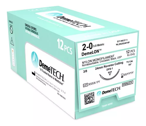 [NL262024F4P] Nylon Monofilamento, 75 cm, Negro, 2/0 USP, DFS-1, 24 mm, 3/8 Circular, Reverso Cortante