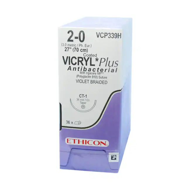 VICRYL® Plus Trenzado, 70 cm, Violeta, 2-0 USP, CT-1, 36.4 mm, 1/2 Circular, Ahusada