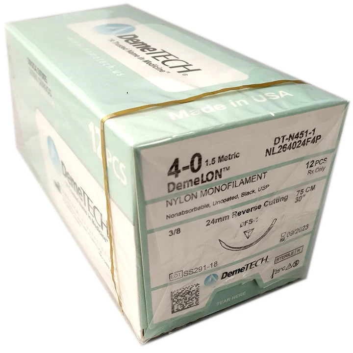 Nylon Monofilamento, 75 cm, Negro, 4/0 USP, DFS-1, 24 mm, 3/8 Circular, Reverso Cortante