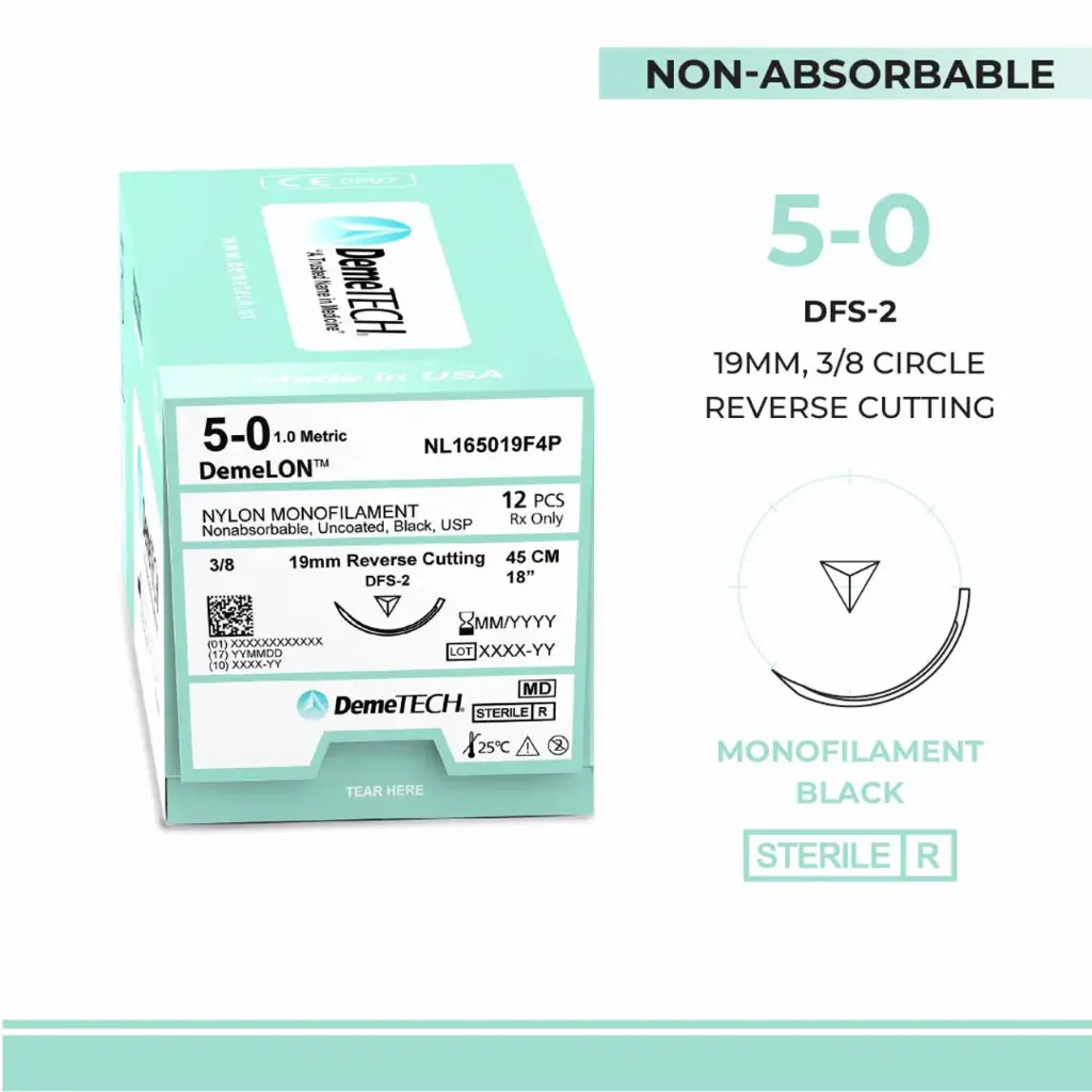 Nylon Monofilamento, 45 cm, Negro, 5/0 USP, DFS-2, 19 mm, 3/8 Circular, Reverso Cortante