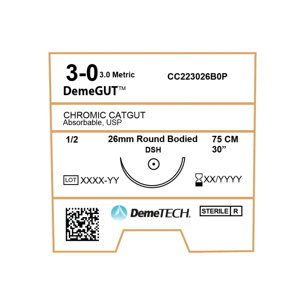 Crómico Catgut Café 3/0 USP 75 cm DHS 26 mm 1/2 Circular - DemeTECH