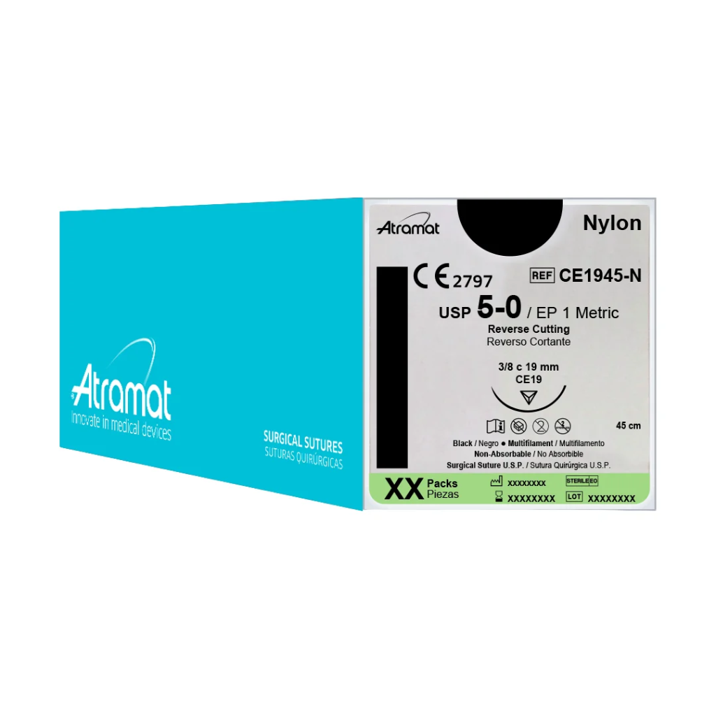 Nylon Monofilamento, 45 cm, Negro, 5/0 USP, EP 1, 19 mm, 3/8 Circular, Reverso Cortante