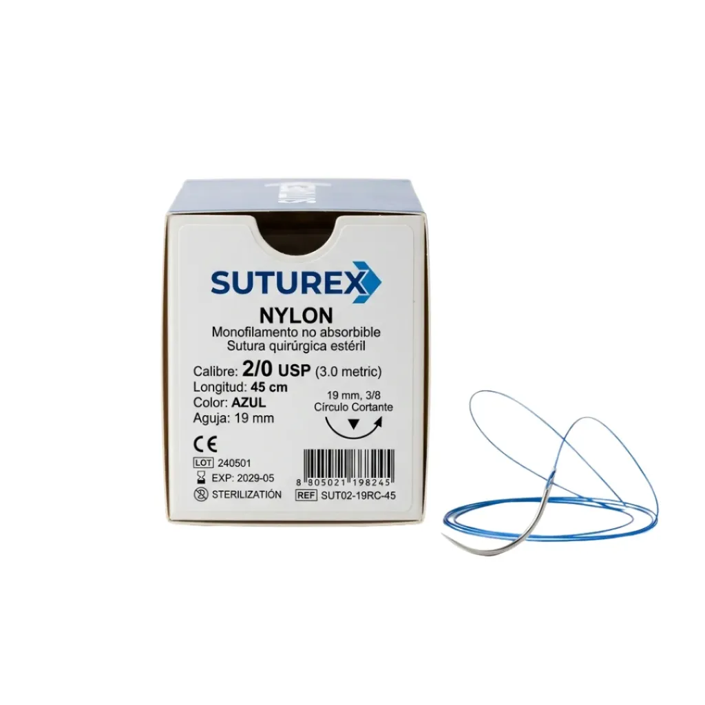 Nylon, 45 cm, Azul, 2/0 USP, 19 mm, 3/8 Círculo Cortante Suturex