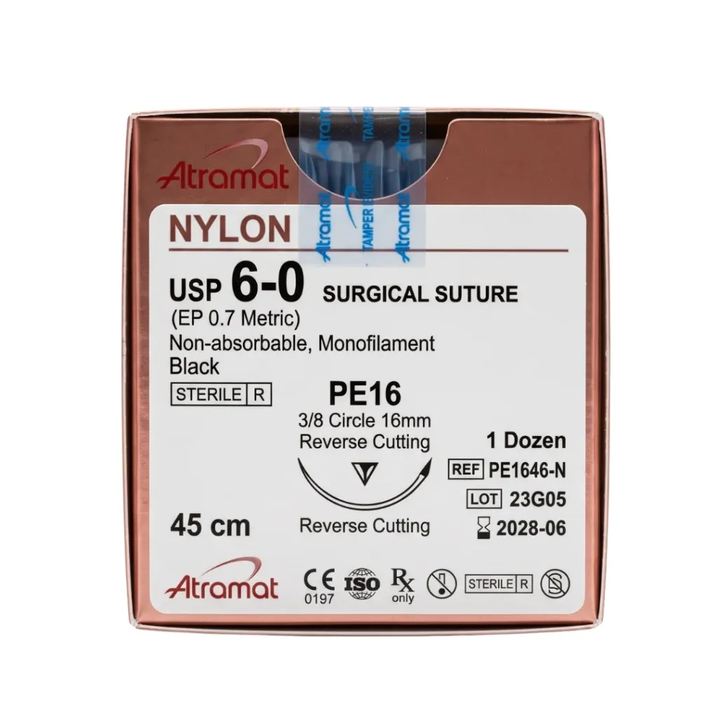 Nylon Monofilamento, 45 cm, Negro, 6/0 USP, PE16, 16 mm, 3/8 Circular, Reverso Cortante, Atramat