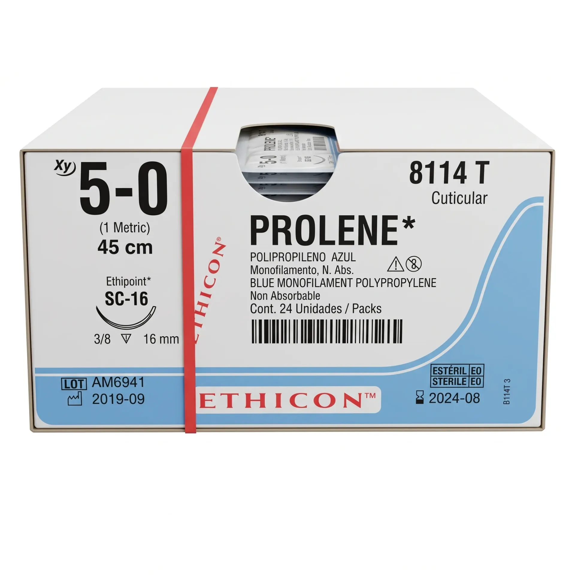 Polipropileno, 45 cm, Azul, 5/0 USP, SC-16, 16 mm, 3/8 Circular, Reverso Cortante, Ethicon