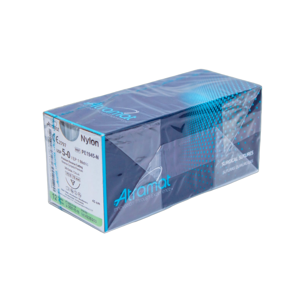 Nylon Monofilamento, 45 cm, Negro, 5/0 USP, PE-19, 19 mm, 3/8 Circular, Reverso Cortante
