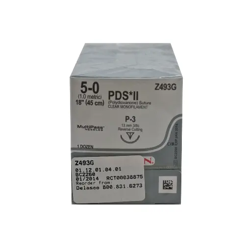 [Z493G] PDS* II Monofilamento, 45 cm, Incoloro, 5/0 USP, P-3, 13 mm, 3/8 Circular, Reverso Cortante