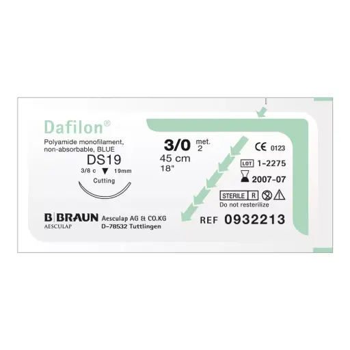 [0932213] Nylon Monofilamento, 45 cm, Azul  3/0 USP, DS-19, 19 mm 3/8 Circular, Reverso Cortante
